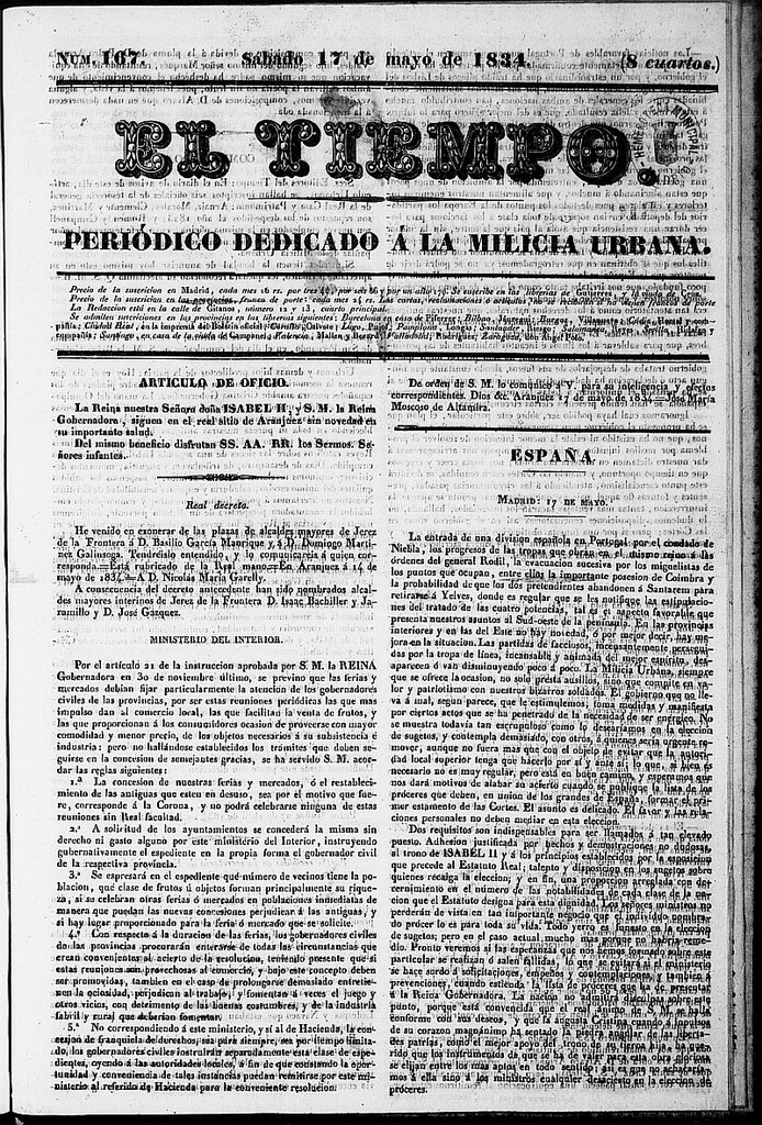 Miniatura de El Tiempo: periódico de la tarde del 17 de mayo de 1834, nº 167