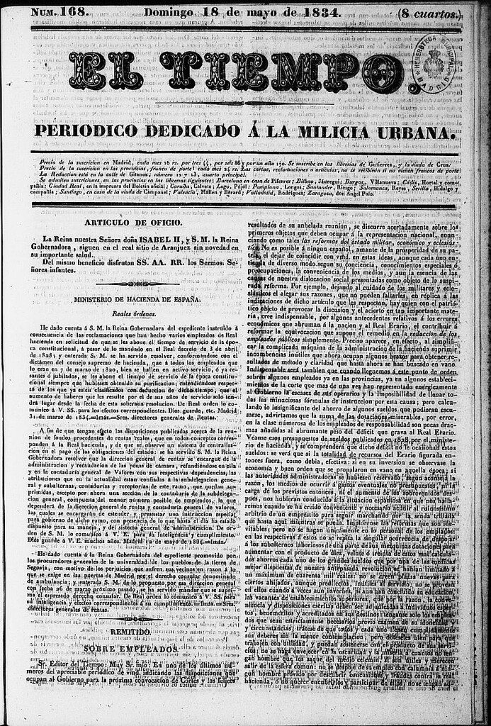 Miniatura de El Tiempo: periódico de la tarde del 18 de mayo de 1834,n º 168