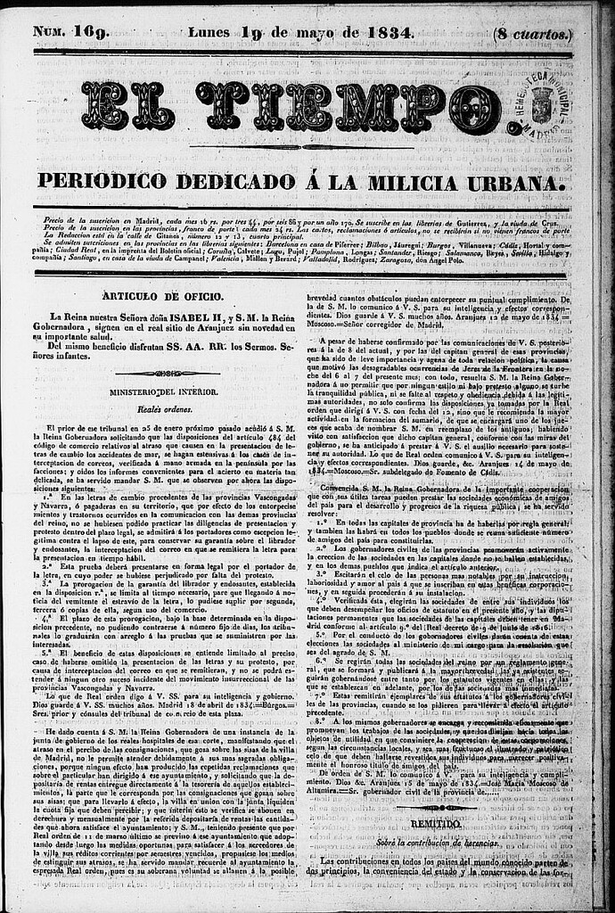 Miniatura de El Tiempo: periódico de la tarde del 19 de mayo de 1834, nº 169