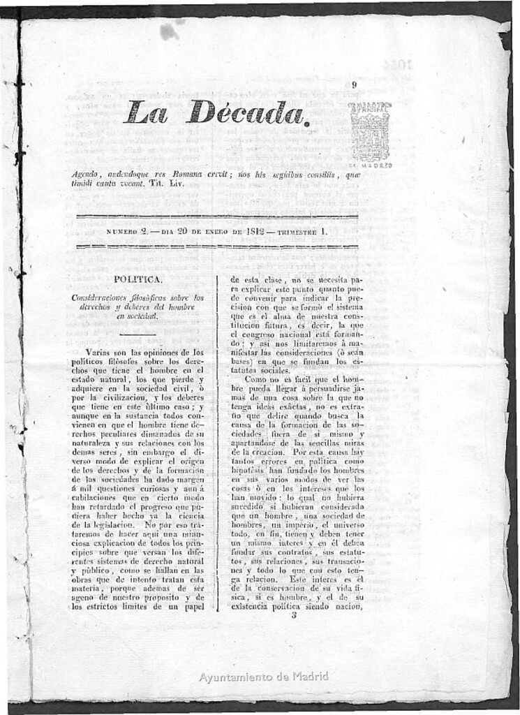 Miniatura de La Década (Cádiz) del día 20 de Enero de de 1812. Número 2