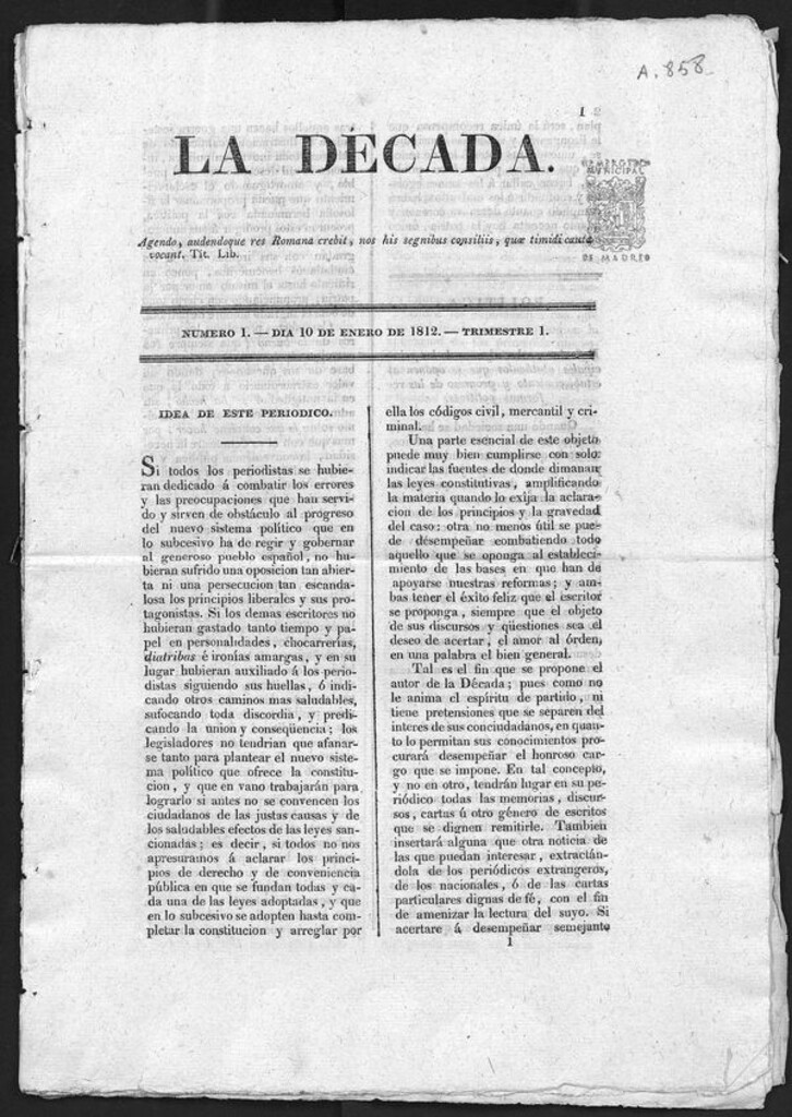 Miniatura de La Década (Cádiz) del día 10 de Enero de de 1812. Número 1
