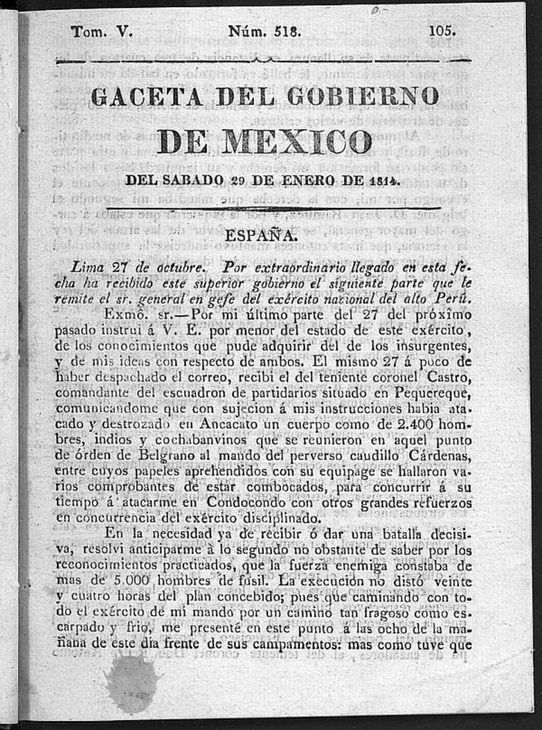 Miniatura de Gaceta del Gobierno de México del sábado 29 de Enero de 1814