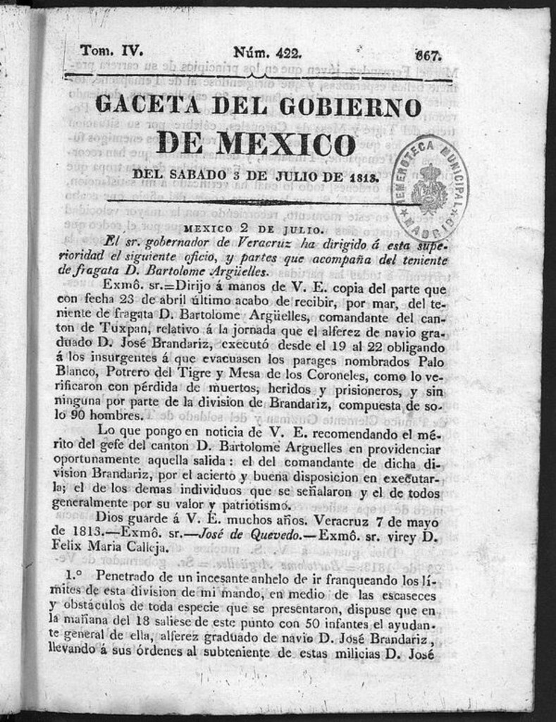 Miniatura de Gaceta del Gobierno de México del sábado 3 de julio de 1813