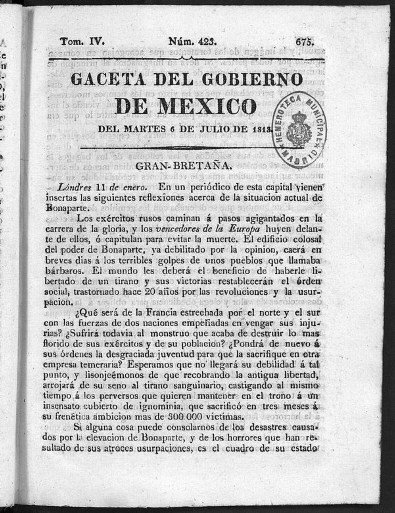 Miniatura de Gaceta del Gobierno de México del martes 6 de julio de 1813