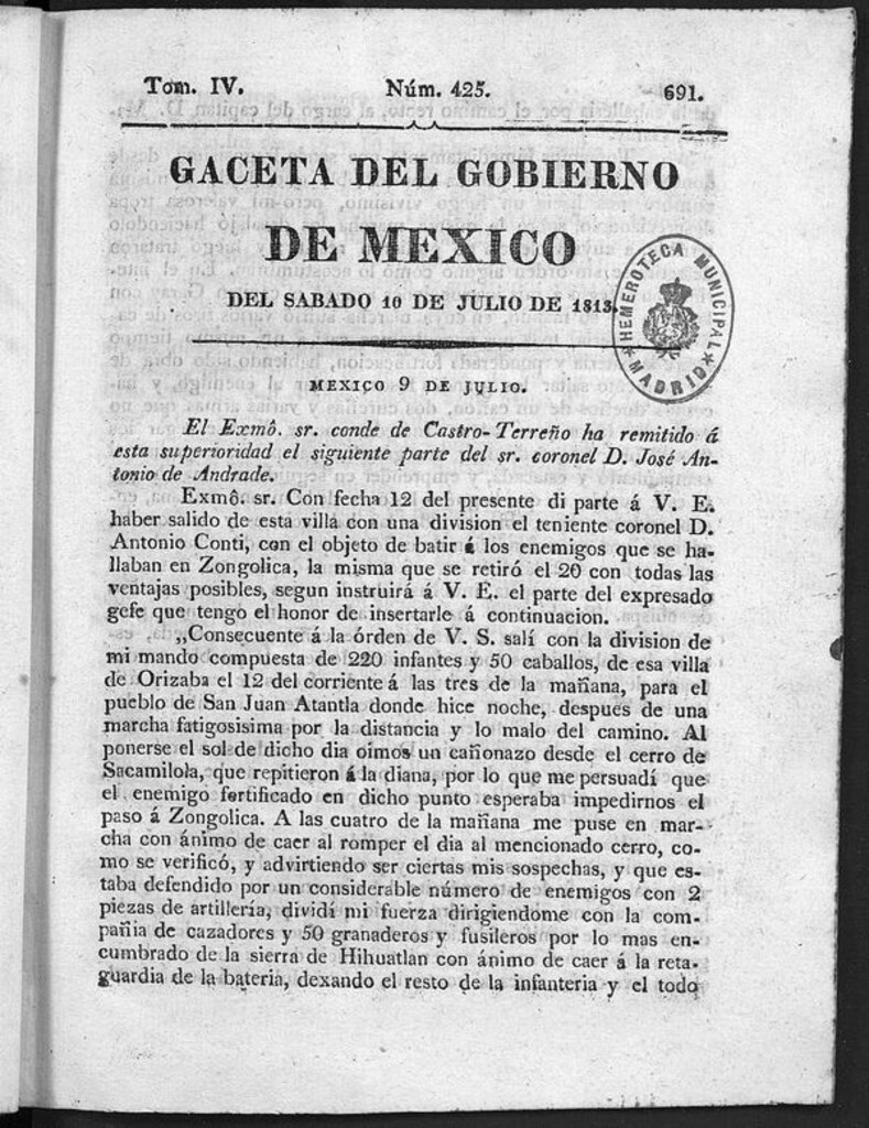 Miniatura de Gaceta del Gobierno de México del sábado 10 de julio de 1813
