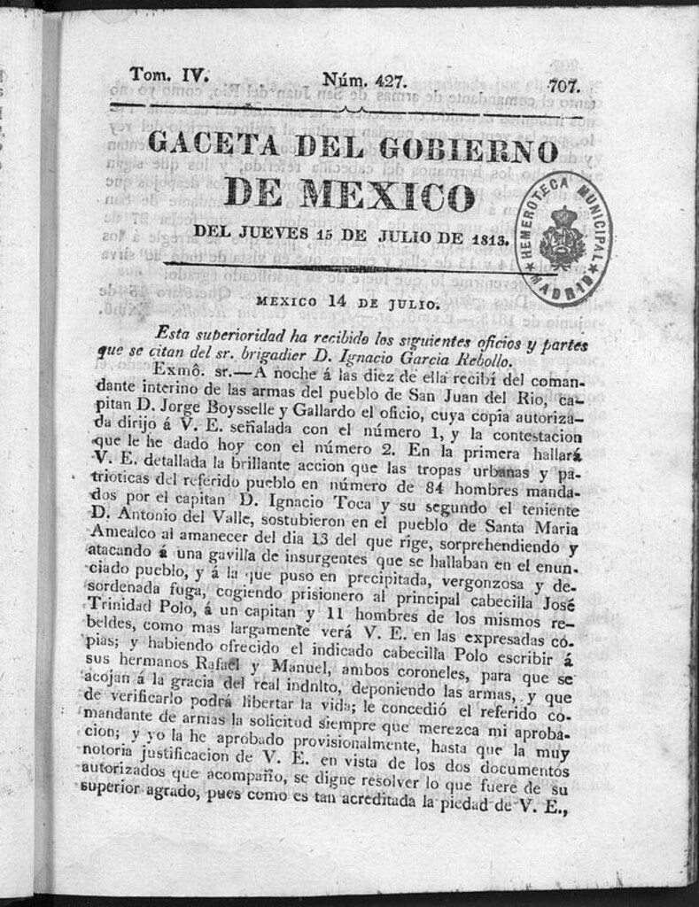 Miniatura de Gaceta del Gobierno de México del jueves 15 de julio de 1813