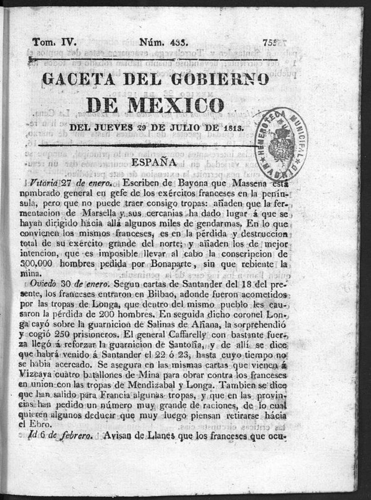Miniatura de Gaceta del Gobierno de México del jueves 29 de julio de 1813