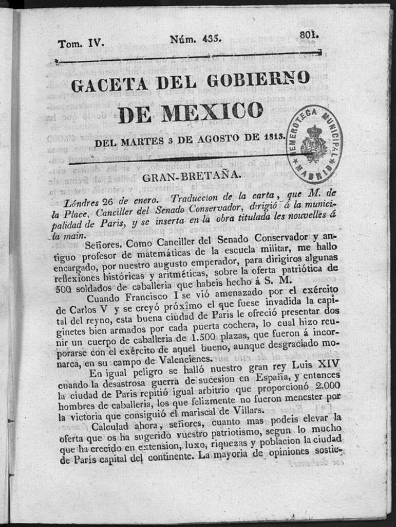 Miniatura de Gaceta del Gobierno de México del martes 3 de agosto de 1813