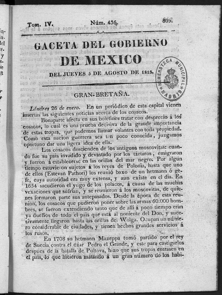Miniatura de Gaceta del Gobierno de México del jueves 5 de agosto de 1813