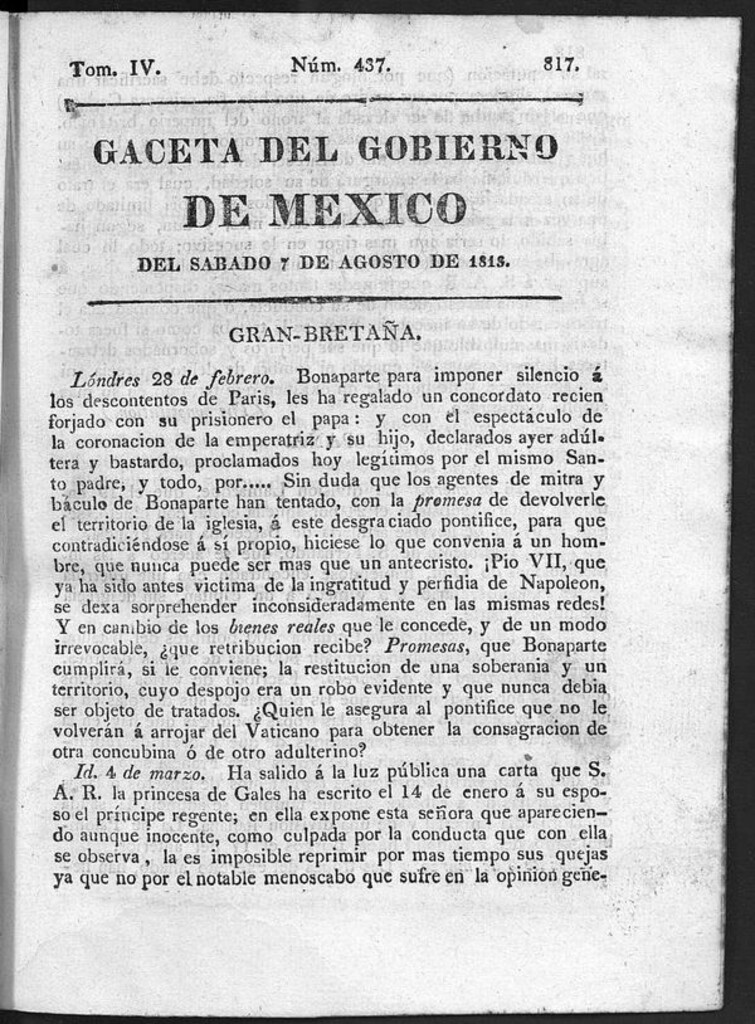 Miniatura de Gaceta del Gobierno de México del sábado 7 de agosto de 1813