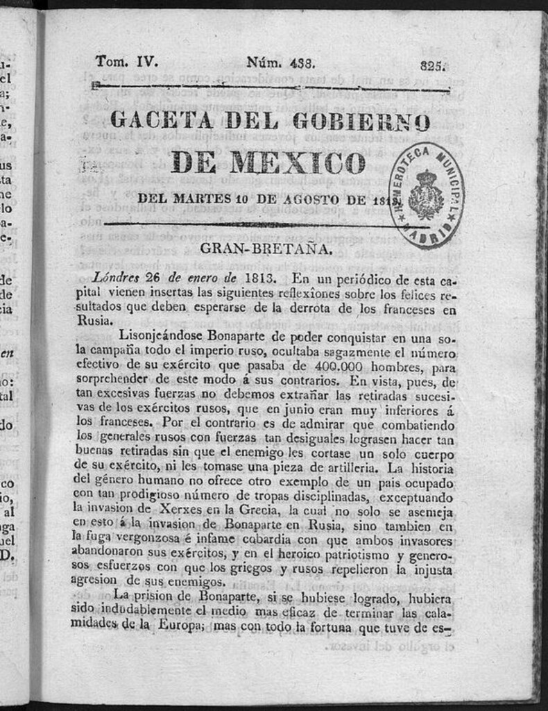 Miniatura de Gaceta del Gobierno de México del martes 10 de agosto de 1813