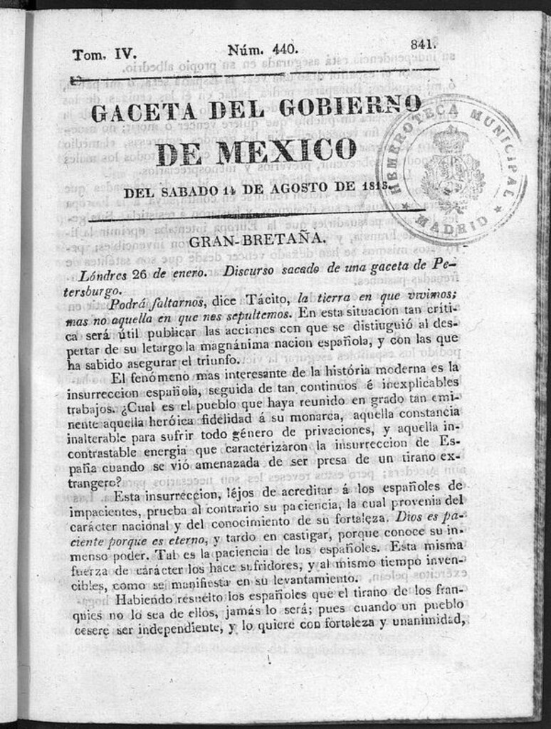 Miniatura de Gaceta del Gobierno de México del sábado 14 de agosto de 1813