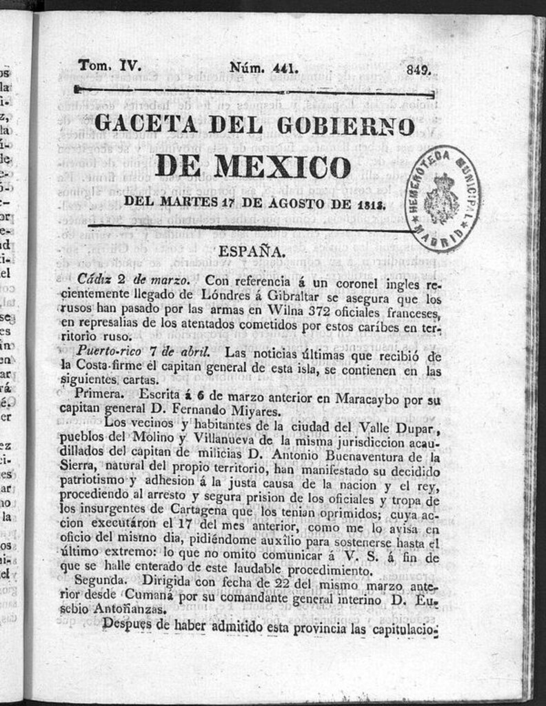 Miniatura de Gaceta del Gobierno de México del martes 17 de agosto de 1813