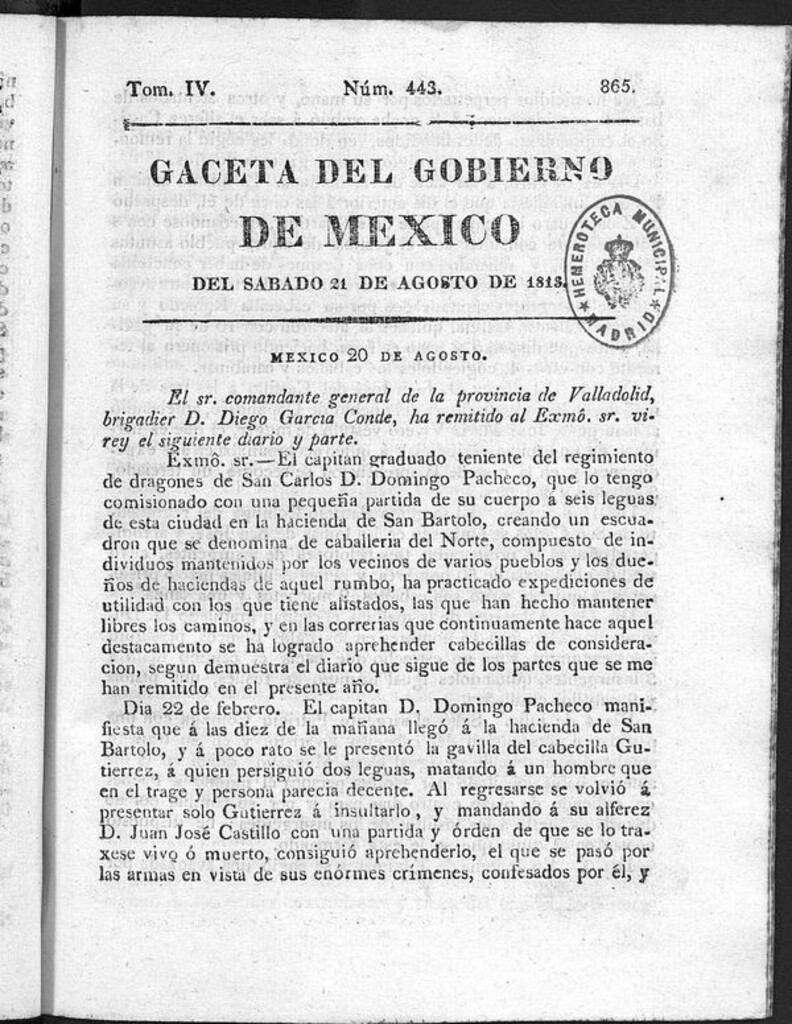 Miniatura de Gaceta del Gobierno de México del sábado 21 de agosto de 1813