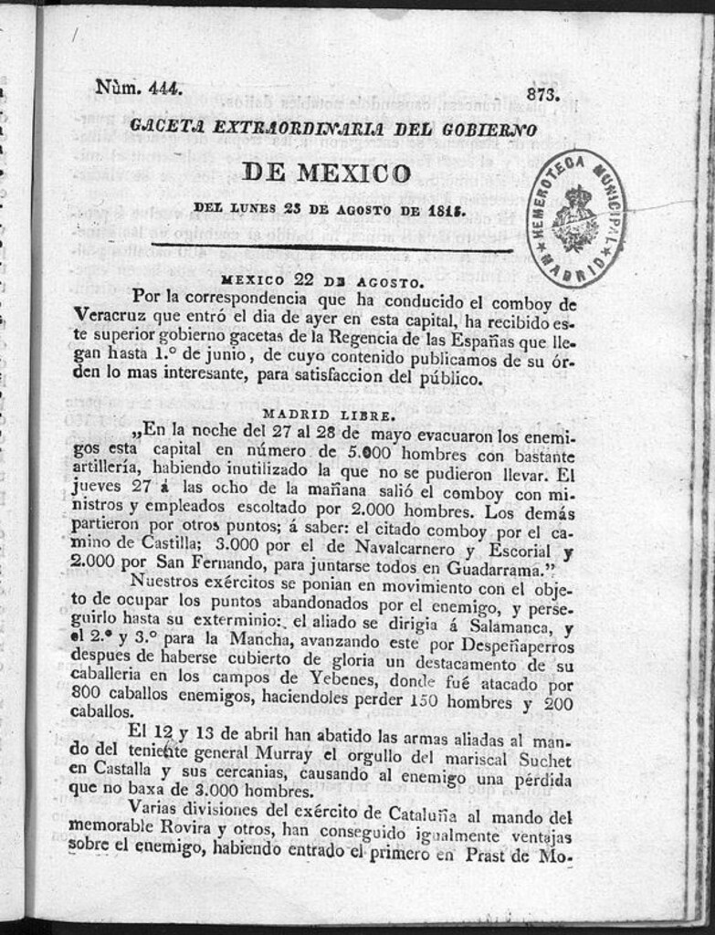 Miniatura de Gaceta del Gobierno de México del lunes 23 de agosto de 1813