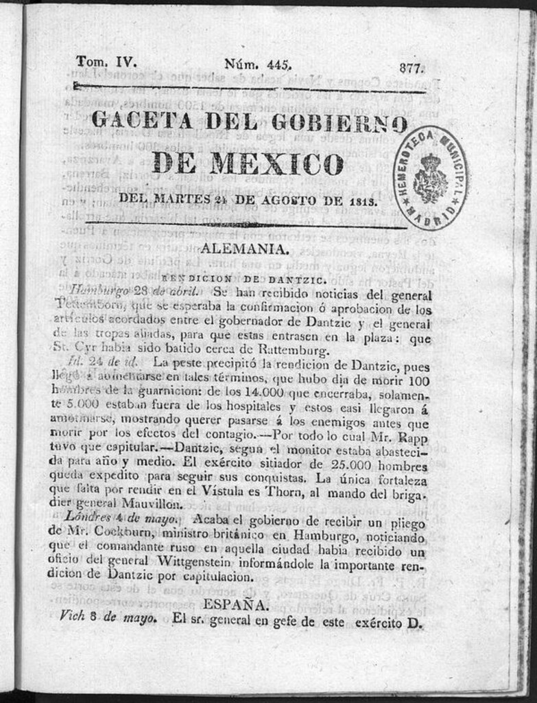 Miniatura de Gaceta del Gobierno de México del martes 24 de agosto de 1813