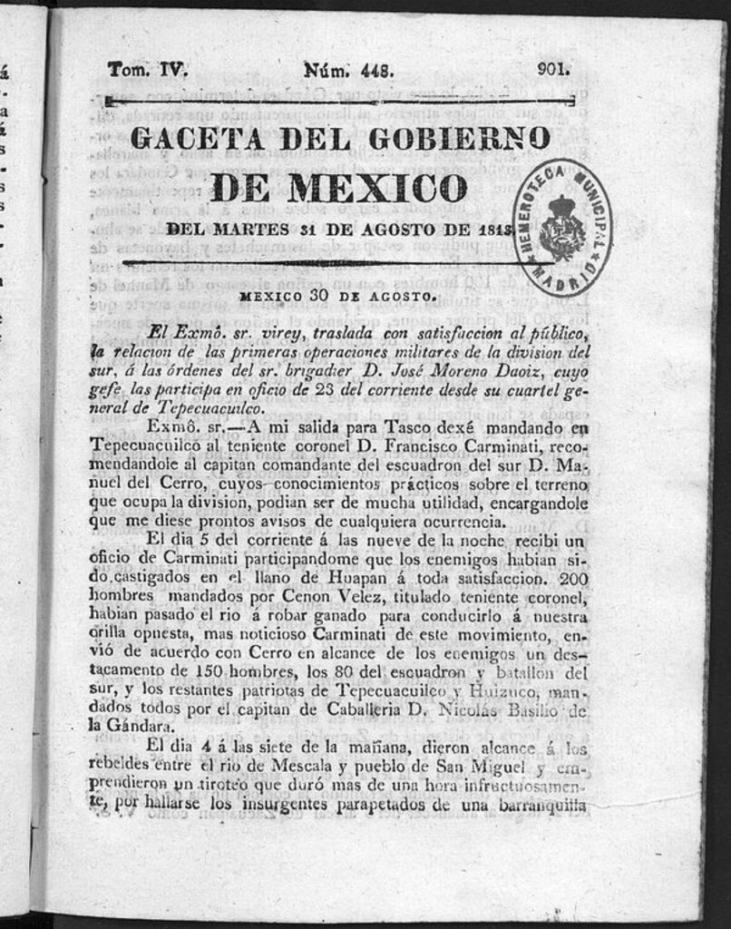 Miniatura de Gaceta del Gobierno de México del martes 31 de agosto de 1813
