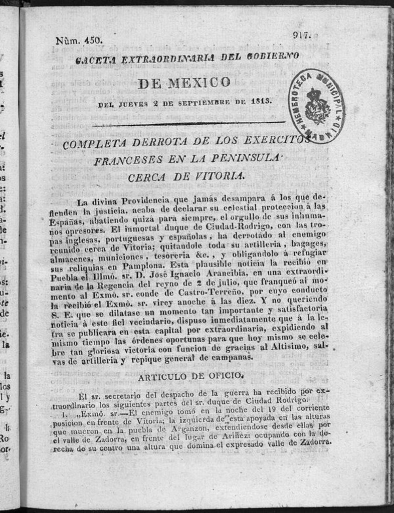Miniatura de Gaceta Extraordinaria del Gobierno de México del jueves 2 de septiembre de 1813