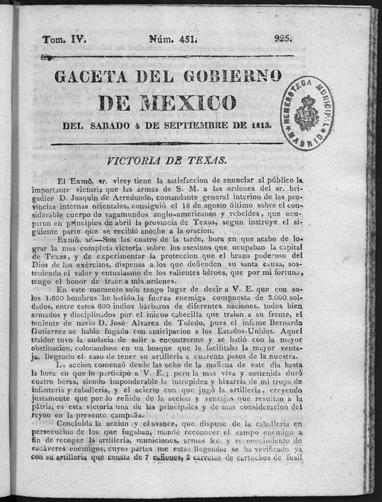 Miniatura de Gaceta del Gobierno de México del sábado 4 de septiembre de 1813