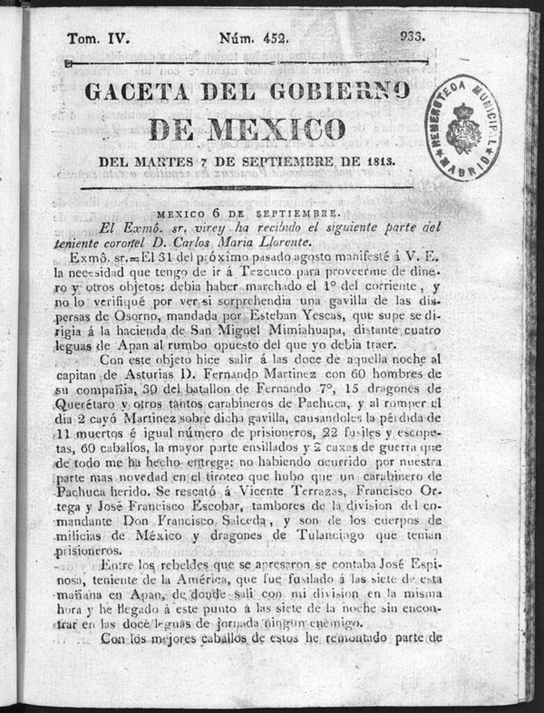 Miniatura de Gaceta del Gobierno de México del martes 7 de septiembre de 1813