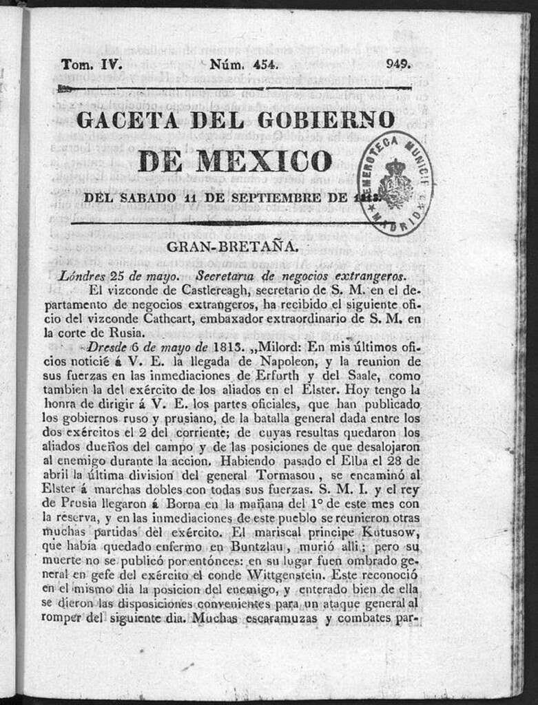 Miniatura de Gaceta del Gobierno de México del sábado 11 de septiembre de 1813