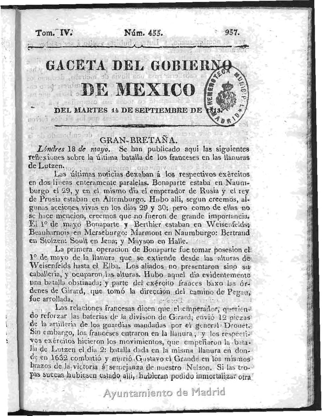 Miniatura de Gaceta del Gobierno de México del martes 14 de septiembre de 1813