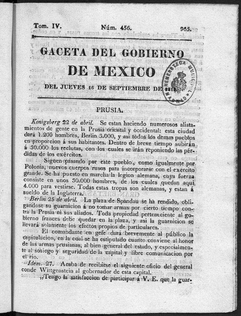 Miniatura de Gaceta del Gobierno de México del jueves 16 de septiembre de 1813