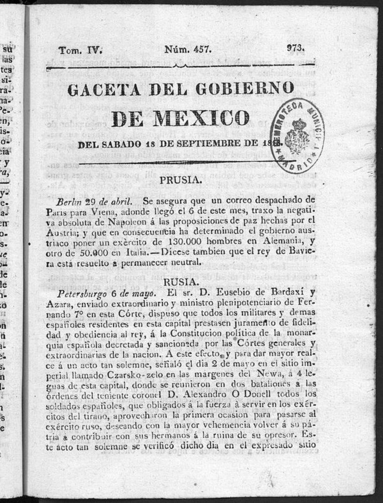 Miniatura de Gaceta del Gobierno de México del sábado 18 de septiembre de 1813