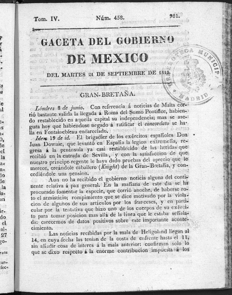 Miniatura de Gaceta del Gobierno de México del martes 21 de septiembre de 1813