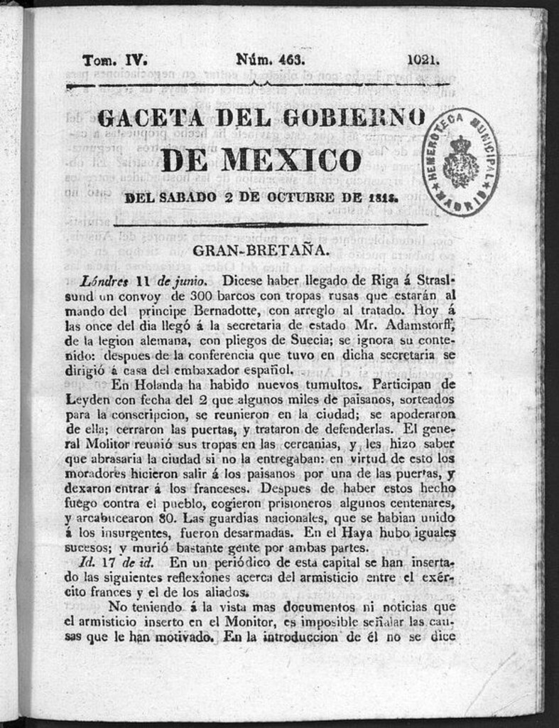 Miniatura de Gaceta del Gobierno de México del sábado 2 de octubre 1813
