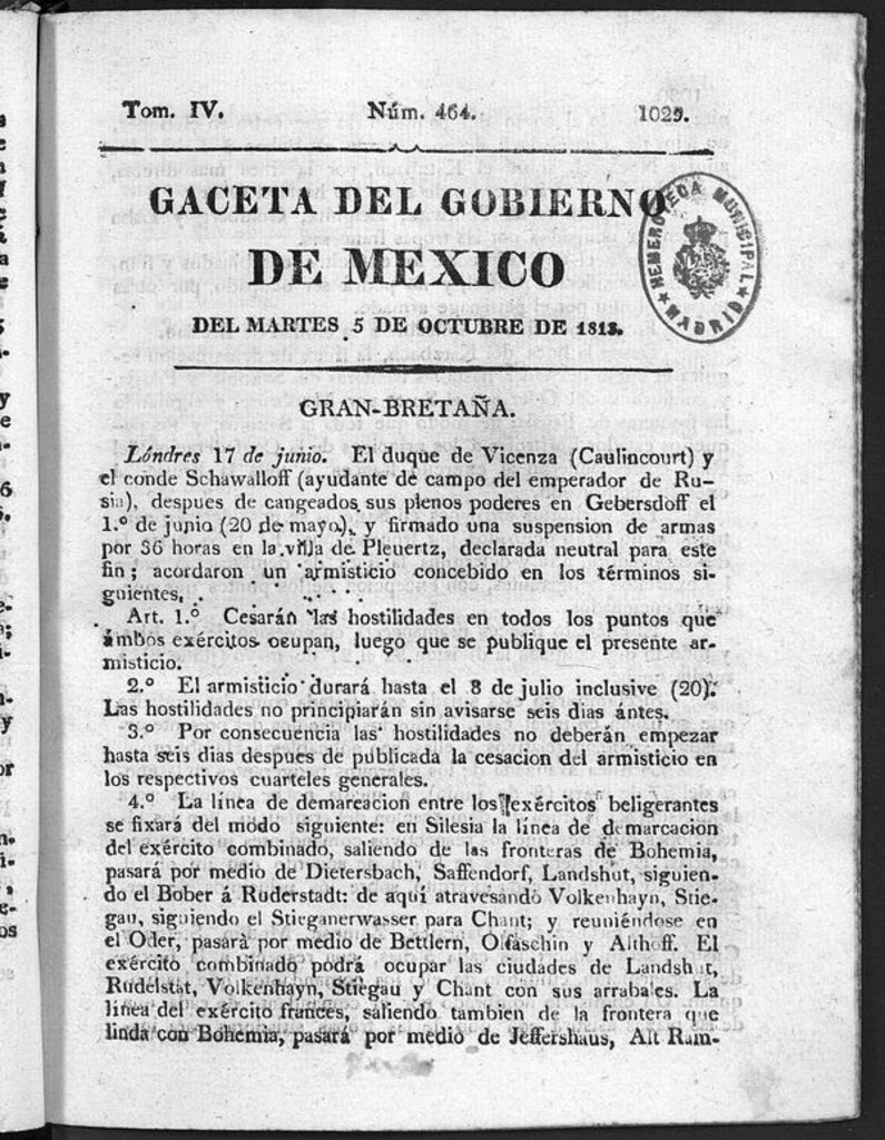 Miniatura de Gaceta del Gobierno de México del martes 5 de octubre 1813
