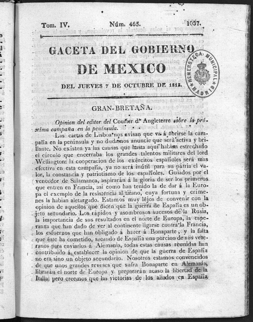 Miniatura de Gaceta del Gobierno de México del jueves 7 de octubre 1813