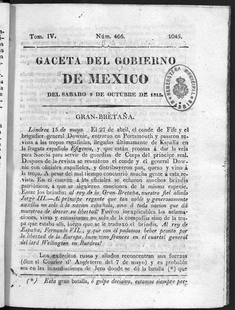 Miniatura de Gaceta del Gobierno de México del sábado 9 de octubre 1813
