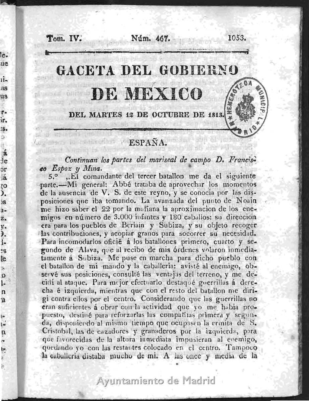 Miniatura de Gaceta del Gobierno de México del martes 12 de octubre 1813