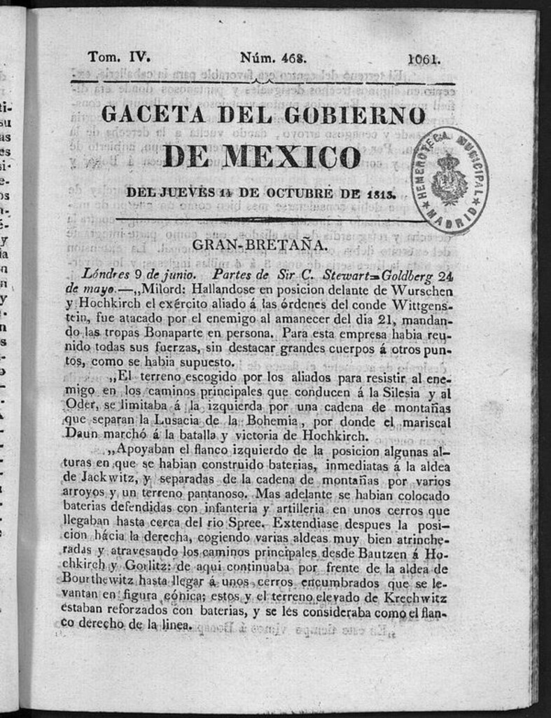 Miniatura de Gaceta del Gobierno de México del jueves 14 de octubre 1813