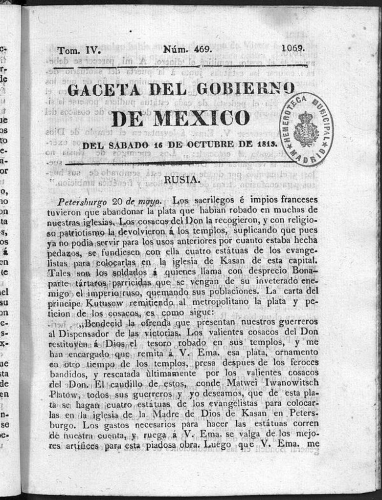 Miniatura de Gaceta del Gobierno de México del sábado 16 de octubre 1813