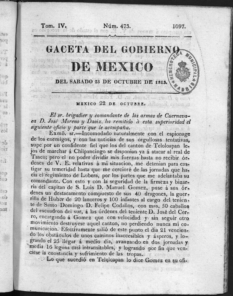 Miniatura de Gaceta del Gobierno de México del sábado 23 de octubre 1813