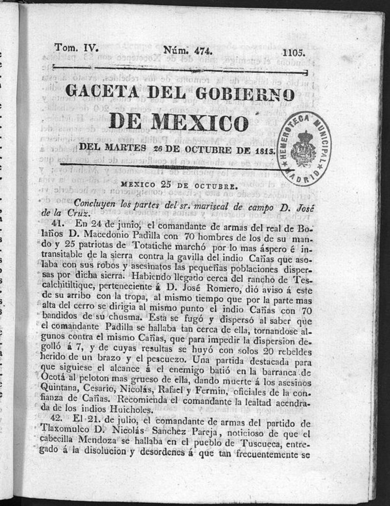 Miniatura de Gaceta del Gobierno de México del martes 26 de octubre 1813