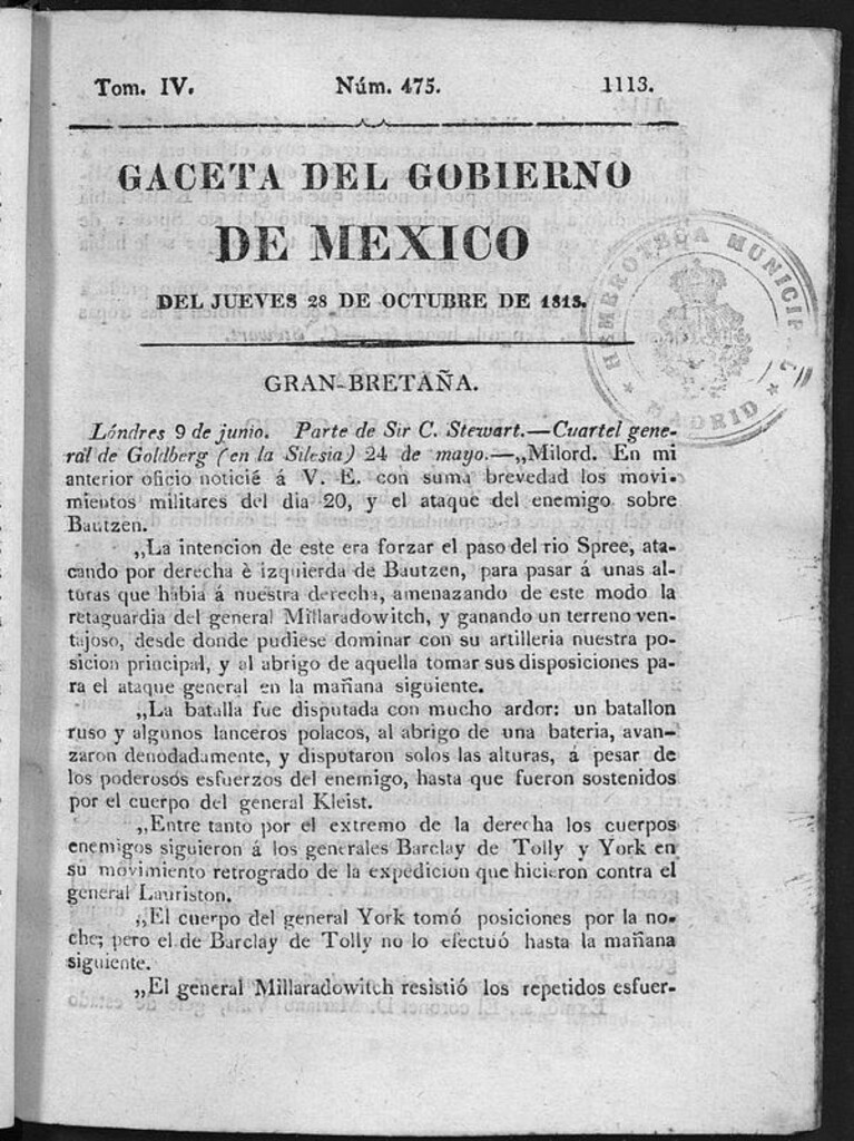Miniatura de Gaceta del Gobierno de México del jueves 28 de octubre de 1813