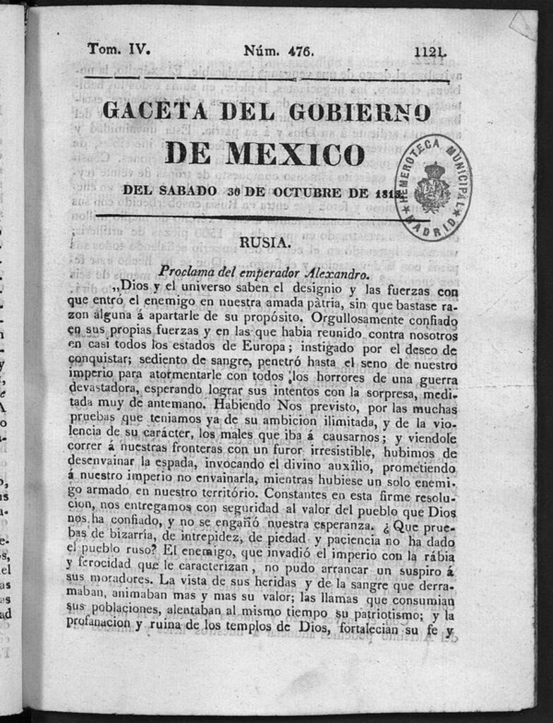 Miniatura de Gaceta del Gobierno de México del sábado 30 de octubre de 1813
