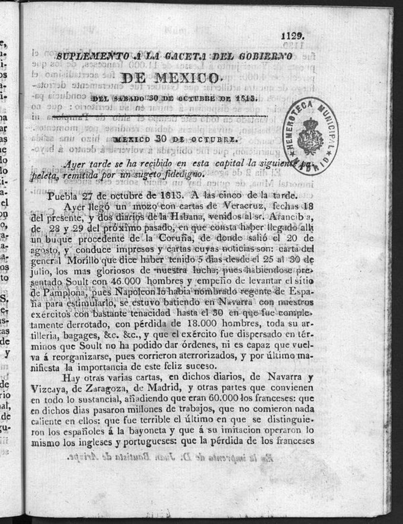 Miniatura de Suplemento a la Gaceta del Gobierno de México del sábado 30 de octubre de 1813