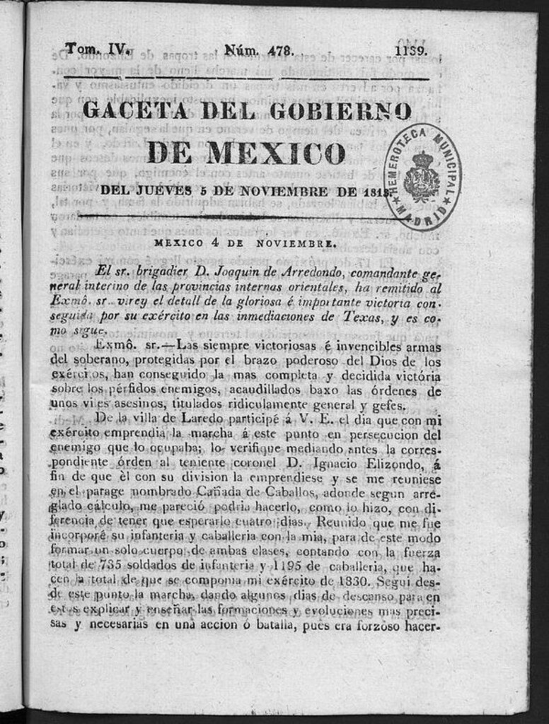 Miniatura de Gaceta del Gobierno de México del jueves 5 (sic) de noviembre de 1813
