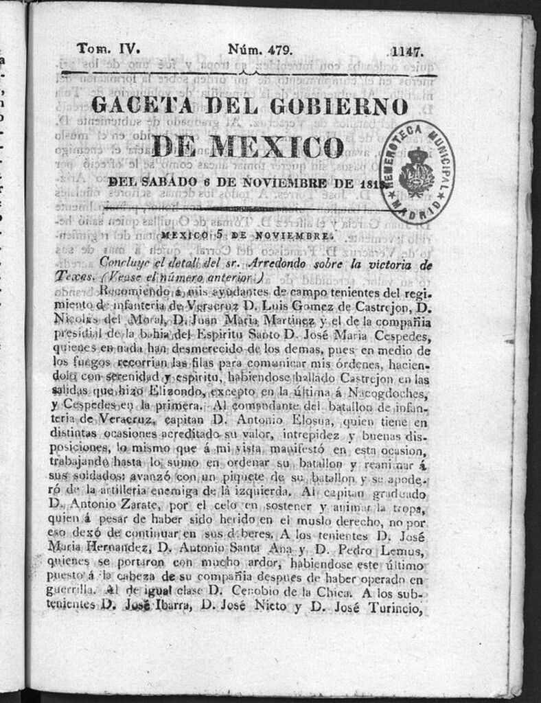 Miniatura de Gaceta del Gobierno de México del sábado 6 de noviembre de 1813