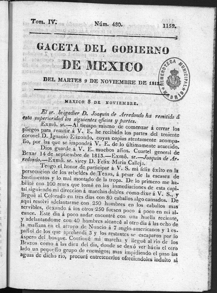 Miniatura de Gaceta del Gobierno de México del martes 9 de noviembre de 1813