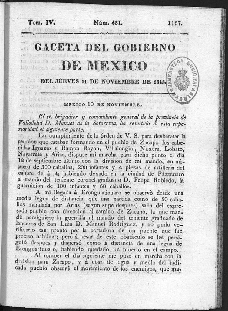 Miniatura de Gaceta del Gobierno de México del jueves 11 de noviembre de 1813