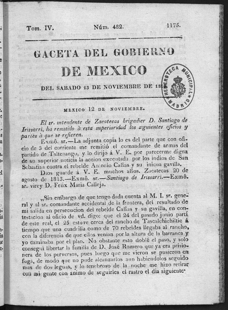 Miniatura de Gaceta del Gobierno de México del sábado 13 de noviembre de 1813