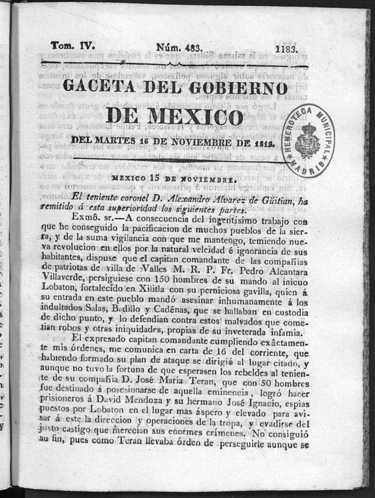 Miniatura de Gaceta del Gobierno de México del martes 16 de noviembre de 1813