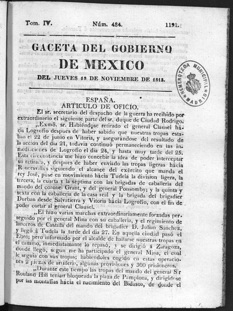 Miniatura de Gaceta del Gobierno de México del jueves 18 de noviembre de 1813