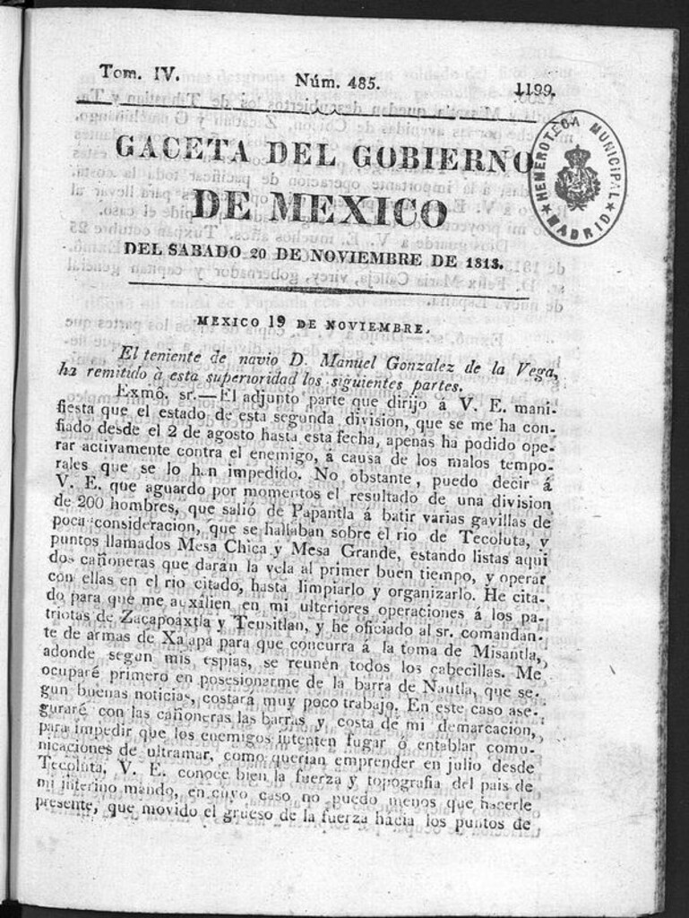 Miniatura de Gaceta del Gobierno de México del sábado 20 de noviembre de 1813