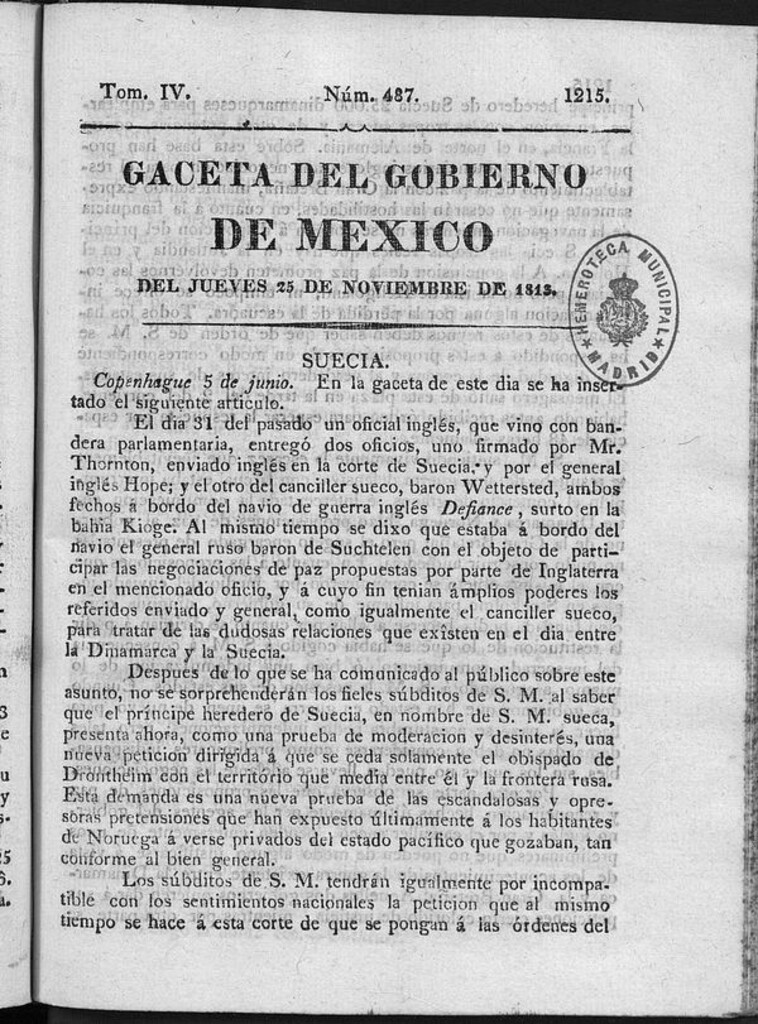 Miniatura de Gaceta del Gobierno de México del jueves 25 de noviembre de 1813